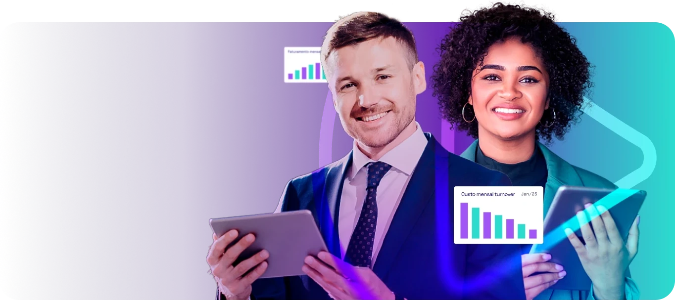 Dois profissionais com tablets e painéis de indicadores de RH